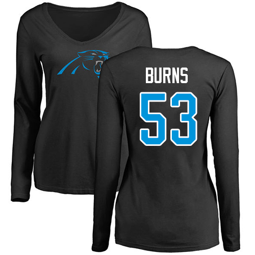 Carolina Panthers Black Women Brian Burns Name and Number Logo Slim Fit NFL Football #53 Long Sleeve T Shirt->women nfl jersey->Women Jersey